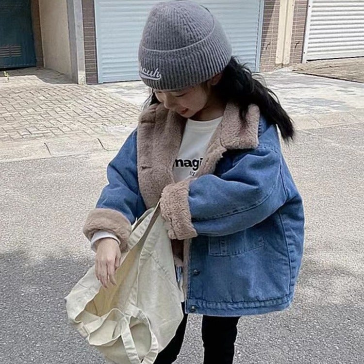 Boys And Girls Winter Coat Baby'S Western Style Children'S Distinctive Fashionable Korean Style Mao Mao Denim Laps Thickened Fashionable Jacket - Image 5