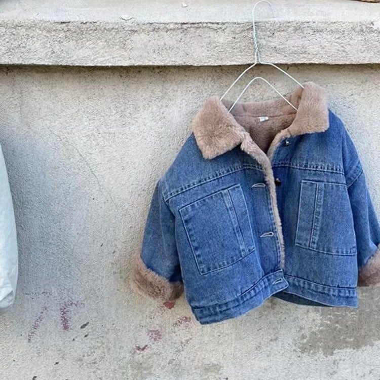 Boys And Girls Winter Coat Baby'S Western Style Children'S Distinctive Fashionable Korean Style Mao Mao Denim Laps Thickened Fashionable Jacket - Image 2