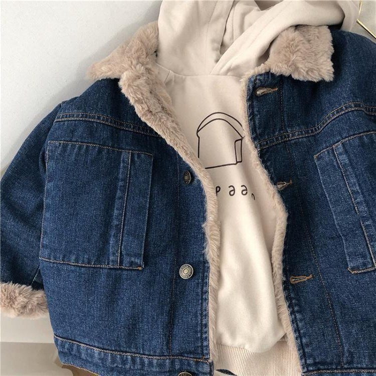 Boys And Girls Winter Coat Baby'S Western Style Children'S Distinctive Fashionable Korean Style Mao Mao Denim Laps Thickened Fashionable Jacket - Image 3