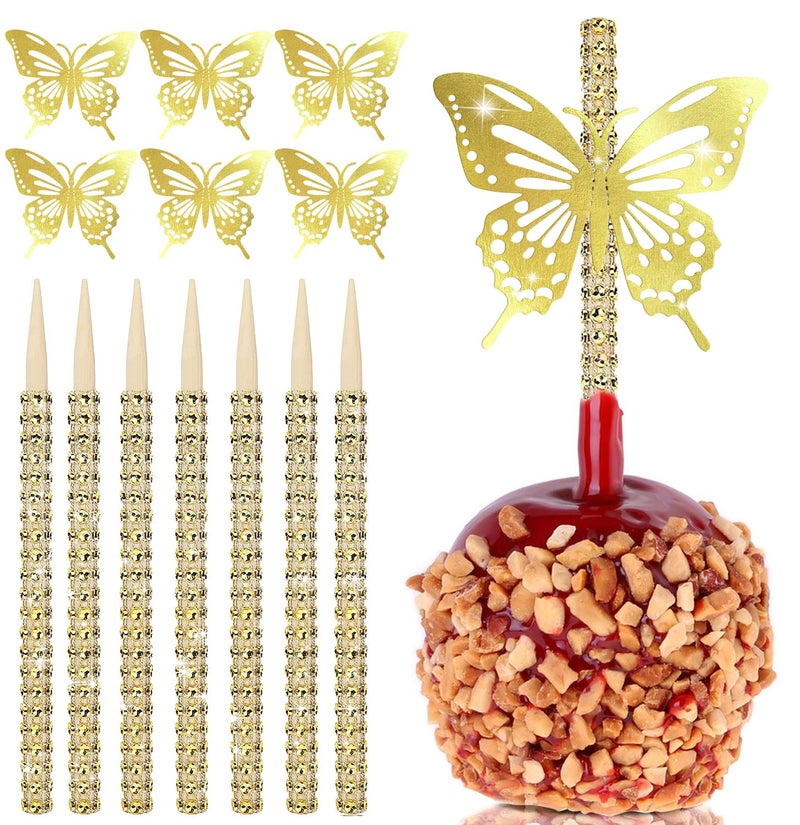 24 PCS Bling Candy Apple Sticks with Butterfly Stickers Caramel Apple Bamboo Wooden Pointed Skewers with Rhinestones Diamond Mesh Wrap  Silver Decal Treats Pop for Dessert Party Wedding Christmas