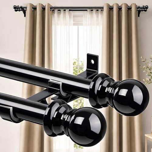 CALCHELE Double Curtain Rods For Windows 1 Inch Heavy Duty Drapery Rod Set 2860 Adjustable with Brackets Sturdy Decorative Curtain Pole For Sheer Blackout Curtains And DrapesBlack - Image 1