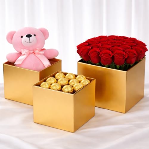 Oasis Pack of 3 Premium Square Gift & Flower Hamper Boxes With Lid | Classic Bouquet Box for Flower Arrangements & Gift Hampers | Decorative Gift Packaging Box With Waterproof Liner - Gold - Image 1