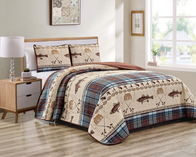RIVER FLY FISHING THEMED RUSTIC CABIN LODGE QUILT STITCHED BEDSPREAD BEDDING SET WITH FISHING RODS LURE WITH SOUTHWESTERN TARTAN CHECK PLAID TWEED PATTERNS BLUE BROWN RIVER LODGE TWIN