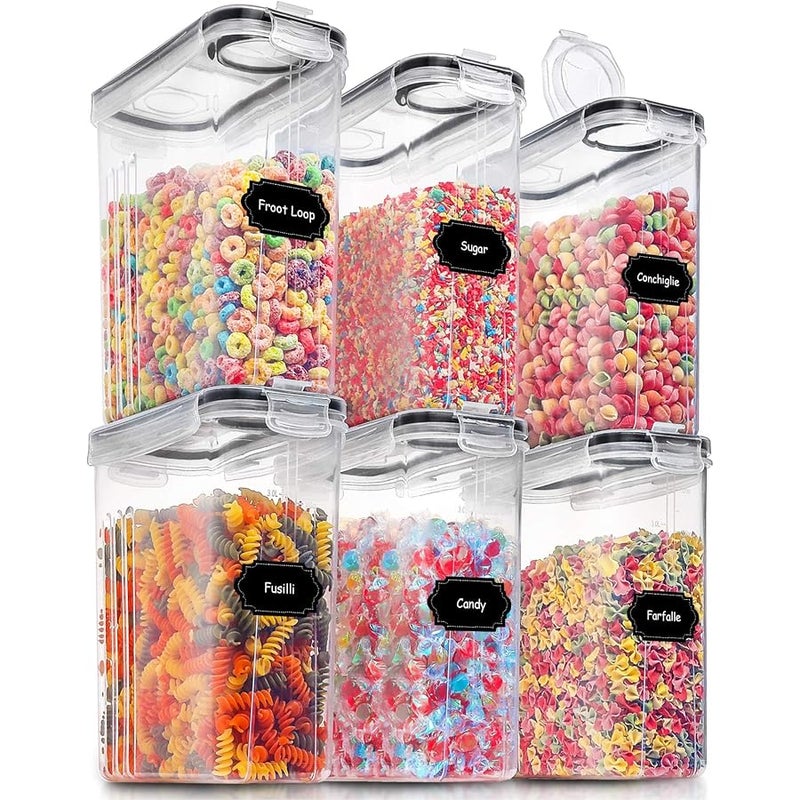 PRAKI 6 Pack Large Dry Food Storage Containers with Airtight Lids and 20 Labels and Marker (4L, Black) - Image 1