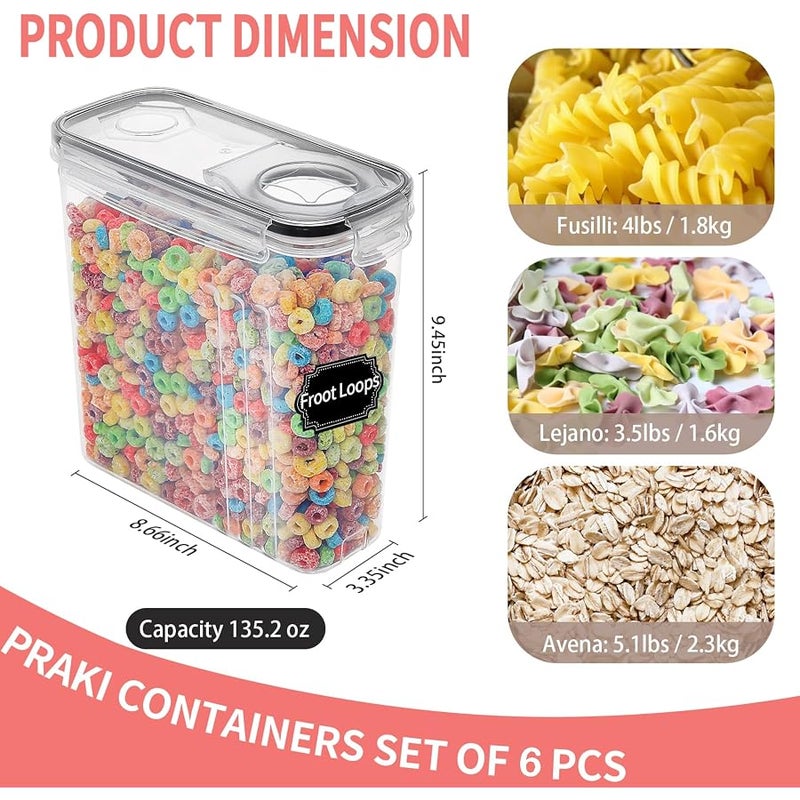 PRAKI 6 Pack Large Dry Food Storage Containers with Airtight Lids and 20 Labels and Marker (4L, Black) - Image 2
