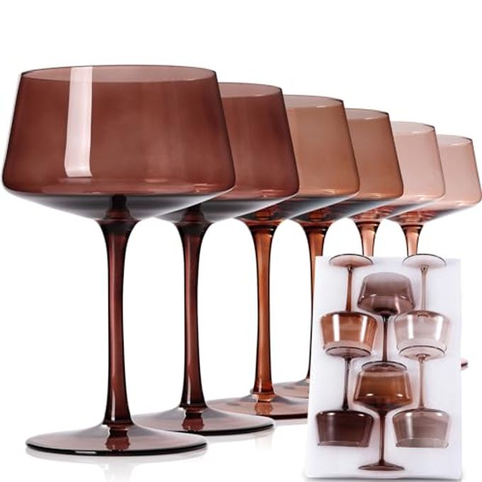 JOVGANK Amber Coupe Glasses Set of 6, Hand Blown Brown Martini Glasses 13Oz, Champagne & Cocktail Luxury Coupe Glasses, Bar Manhattan Glass, Mother's Day Gift for Espresso Martini Glass