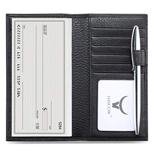 HISCOW Soft Leather Checkbook Cover & Card Holder with Divider - Italian Calfskin (Pebbled Black) - Image 1