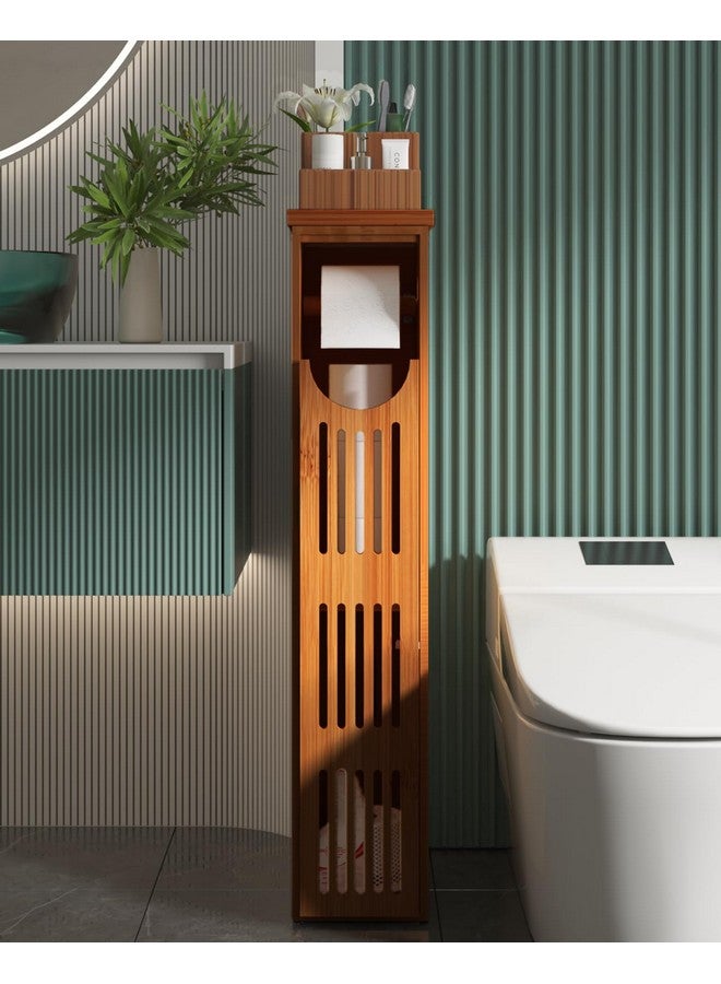 AmazerBath Bamboo Toilet Paper Holder with Storage, Bathroom Toilet Paper Storage Cabinet, Small Bathroom Storage Cabinet for Small Spaces, Slim Bathroom Storage Cabinet, 33x7.3x6.5 Inches, Brown - Image 1