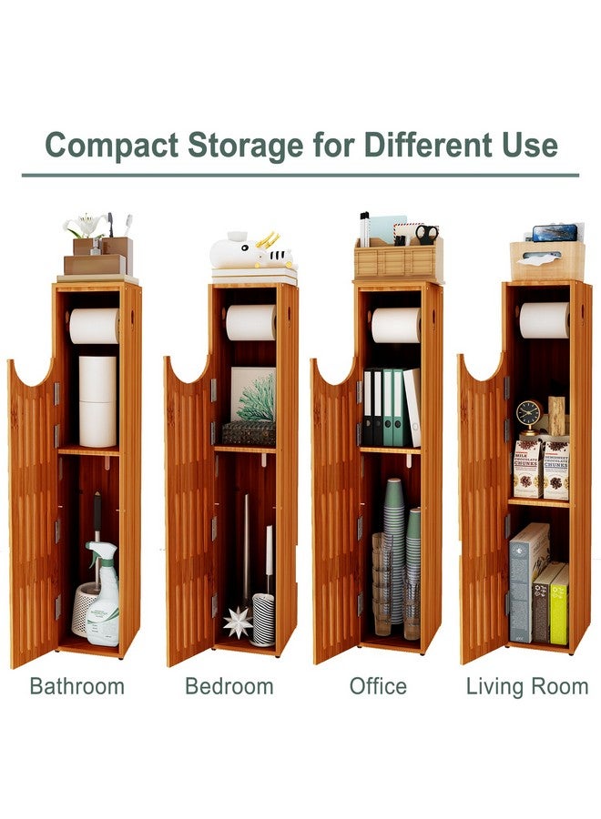 AmazerBath Bamboo Toilet Paper Holder with Storage, Bathroom Toilet Paper Storage Cabinet, Small Bathroom Storage Cabinet for Small Spaces, Slim Bathroom Storage Cabinet, 33x7.3x6.5 Inches, Brown - Image 3