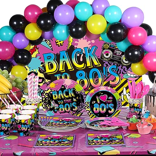 Chengu 176 Pcs 80s Party Decorations  80s 90s Theme Birthday Party Supplies with Back to the 80s Backdrop Banner Funky Table Cover Tableware Balloons Set for Birthday Hip Pop Cake Toppers - Image 1