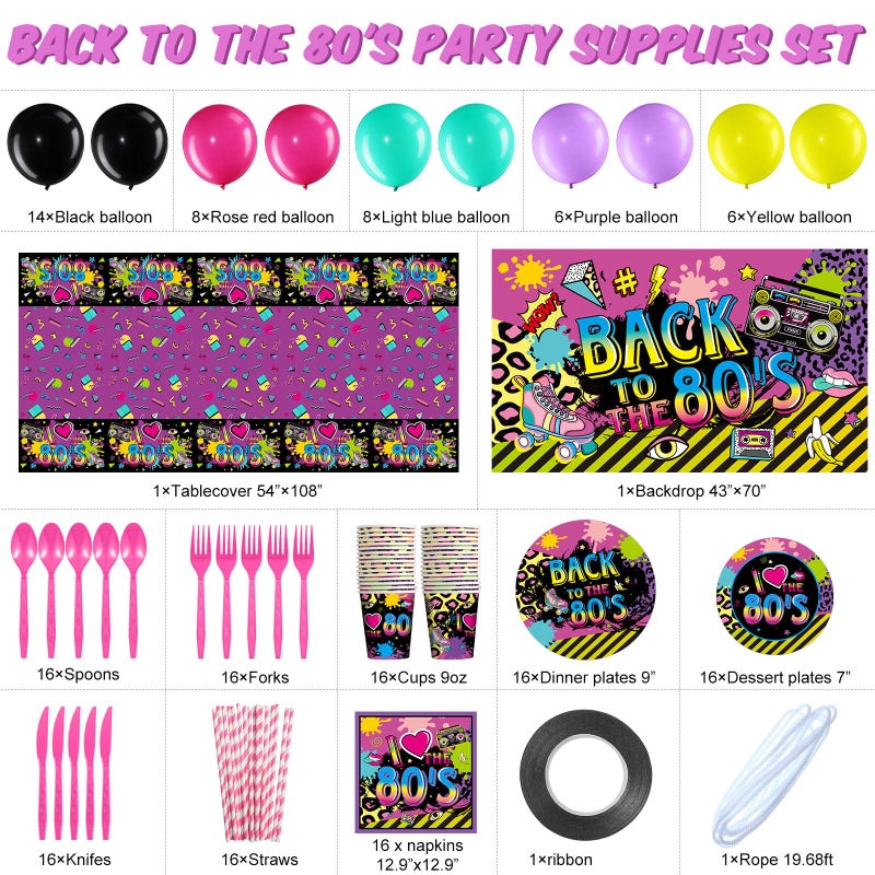 Chengu 176 Pcs 80s Party Decorations  80s 90s Theme Birthday Party Supplies with Back to the 80s Backdrop Banner Funky Table Cover Tableware Balloons Set for Birthday Hip Pop Cake Toppers - Image 3