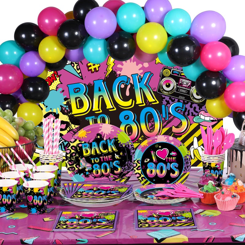 Chengu 176 Pcs 80s Party Decorations  80s 90s Theme Birthday Party Supplies with Back to the 80s Backdrop Banner Funky Table Cover Tableware Balloons Set for Birthday Hip Pop Cake Toppers - Image 2