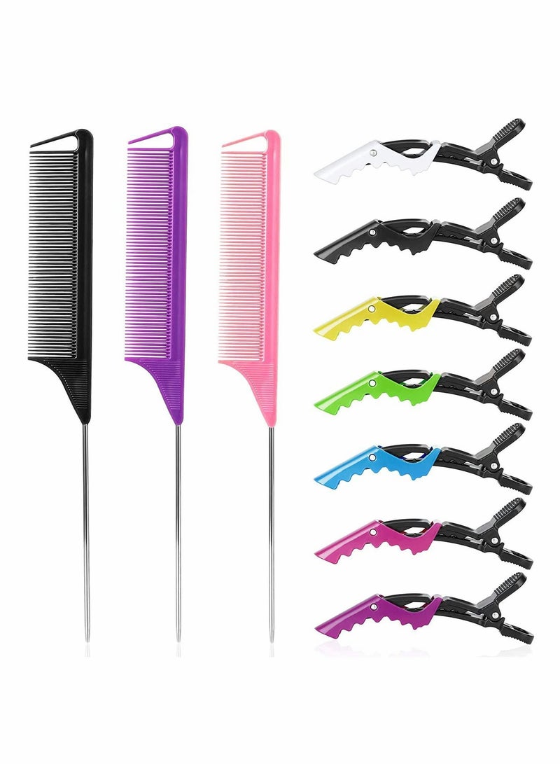 NIBEMINENT Rat Tail Combs, Hair Clips, Parting Comb for Braids, Metal Long Steel Pin Teasing Alligator Styling Sectioning Professional Salon 3Pcs+7Pcs - Image 1