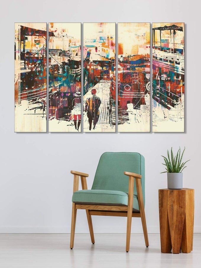 ABSTRACT MODERN CITY WALL PAINTING FOR LIVING ROOM HALL DRAWING ROOM WALL ART PANELS HANGING ABSTRACT PAINTING FOR WALL SET OF 5 FRAMES RED 130 X 76 CM