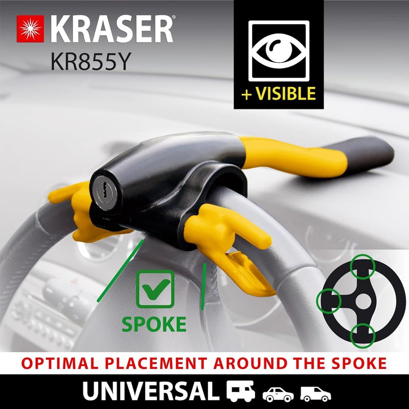 KRASER KR855Y Steering Wheel, High Security Lock, Universal Anti-Theft Bar for Car SUV Van Truck Motorhome, Yellow - Image 4