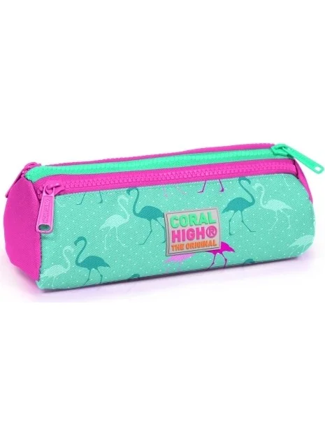 CORAL HIGH Kids Three Compartment Pencil Case Water Green Neon Pink Flamingo Patterned 22315