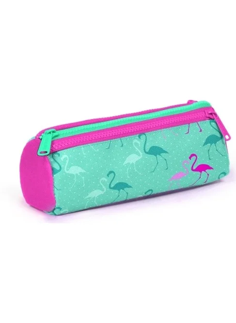 CORAL HIGH Kids Three Compartment Pencil Case Water Green Neon Pink Flamingo Patterned 22315