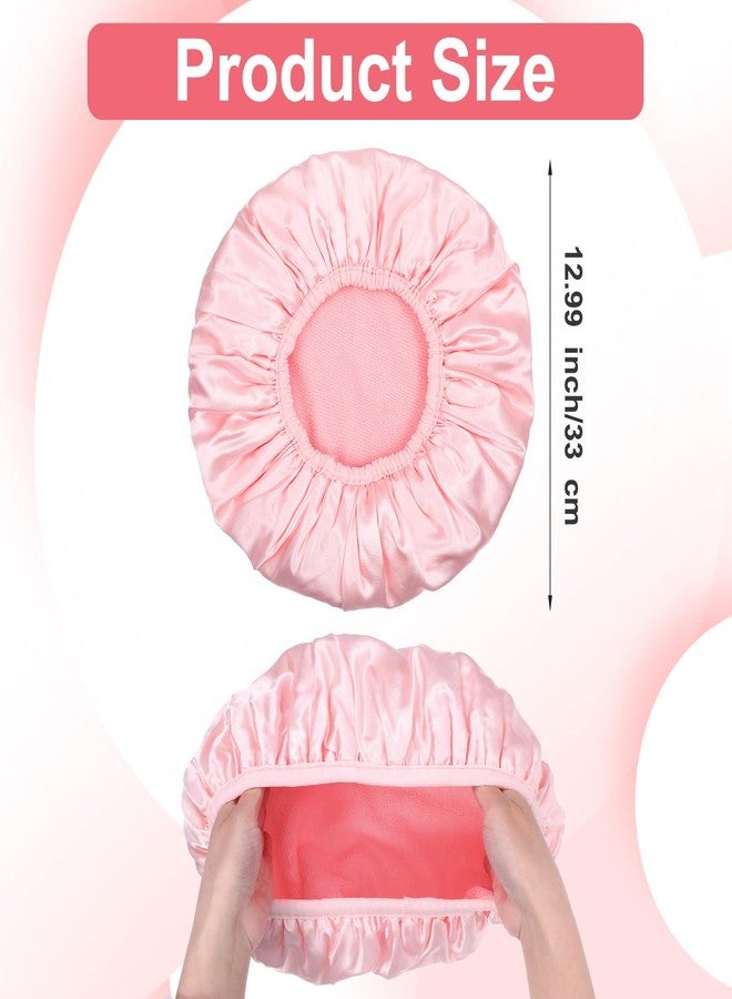 Sibba Pink 3-Layer Waterproof Shower Sleep Cap 1 Pc Terry Lined Microfiber Absorbent Hair Bonnet for Women, Reusable Bath Cap for Natural Curly Hair, Braids, Showers Elastic Soft Satin Silk Design - Image 3