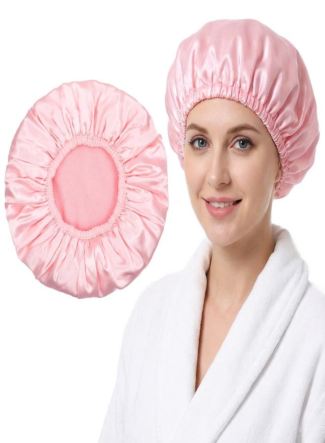 Sibba Pink 3-Layer Waterproof Shower Sleep Cap 1 Pc Terry Lined Microfiber Absorbent Hair Bonnet for Women, Reusable Bath Cap for Natural Curly Hair, Braids, Showers Elastic Soft Satin Silk Design - Image 1
