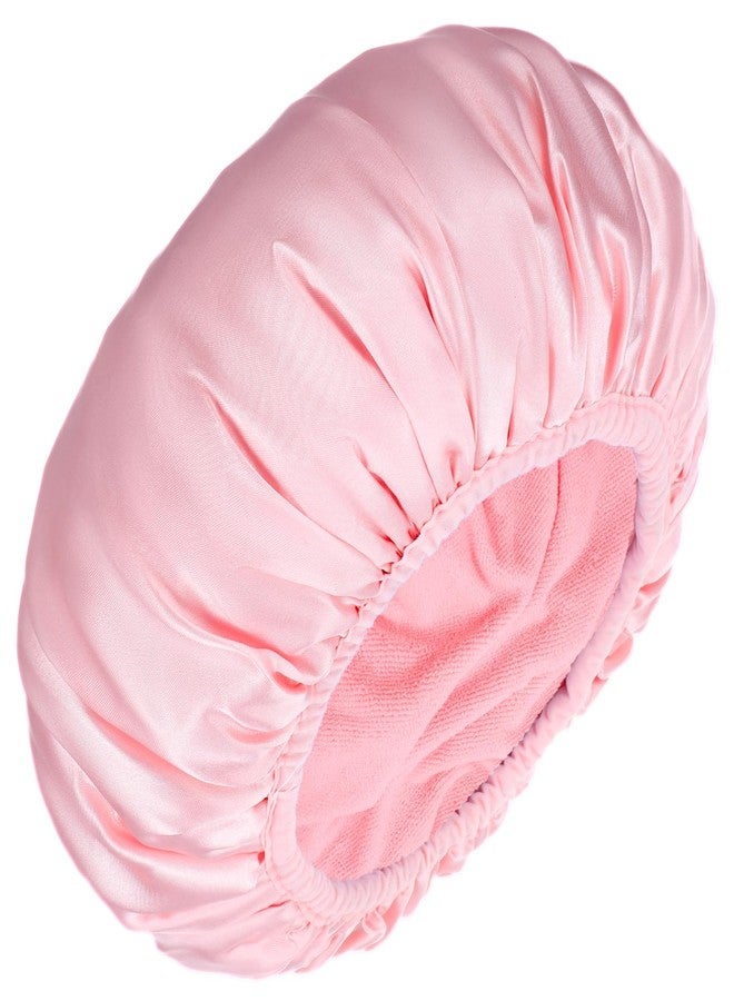 Sibba Pink 3-Layer Waterproof Shower Sleep Cap 1 Pc Terry Lined Microfiber Absorbent Hair Bonnet for Women, Reusable Bath Cap for Natural Curly Hair, Braids, Showers Elastic Soft Satin Silk Design - Image 2