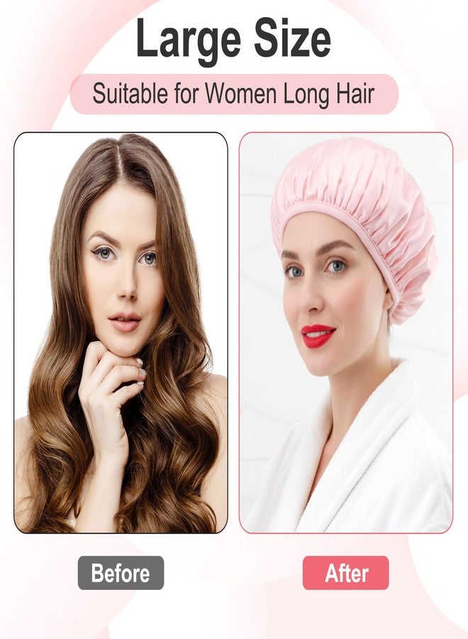 Sibba Pink 3-Layer Waterproof Shower Sleep Cap 1 Pc Terry Lined Microfiber Absorbent Hair Bonnet for Women, Reusable Bath Cap for Natural Curly Hair, Braids, Showers Elastic Soft Satin Silk Design - Image 5