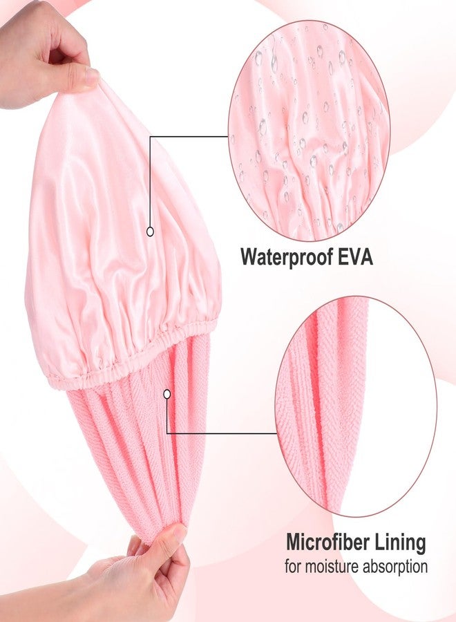 Sibba Pink 3-Layer Waterproof Shower Sleep Cap 1 Pc Terry Lined Microfiber Absorbent Hair Bonnet for Women, Reusable Bath Cap for Natural Curly Hair, Braids, Showers Elastic Soft Satin Silk Design - Image 4