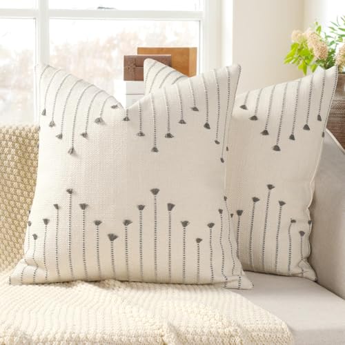 YCOLL Boho Outdoor Throw Pillow Covers 22x22 Set of 2 Neutral Woven Decorative Pillowcases Cotton Tufted Couch Pillows Modern Farmhouse Cushion Covers for Sofa Couch Bed Living Room Home Decor Gray - Image 1