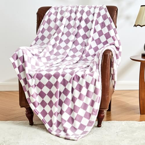 Edenleaf Checkered Blanket Flannel Throw Blankets Soft Cozy Checkered Grid Print Chessboard Gingham Pattern Throws for Bed Sofa Couch for All Seasons 50x60 Inch Purple - Image 1