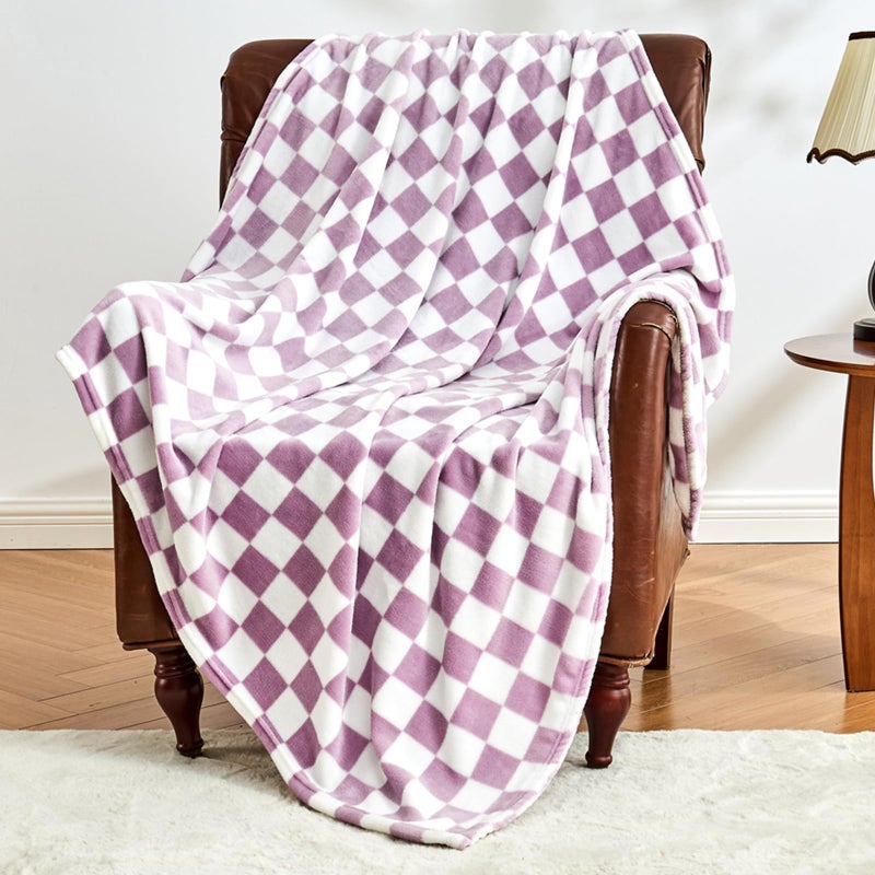 Edenleaf Checkered Blanket Flannel Throw Blankets Soft Cozy Checkered Grid Print Chessboard Gingham Pattern Throws for Bed Sofa Couch for All Seasons 50x60 Inch Purple - Image 2