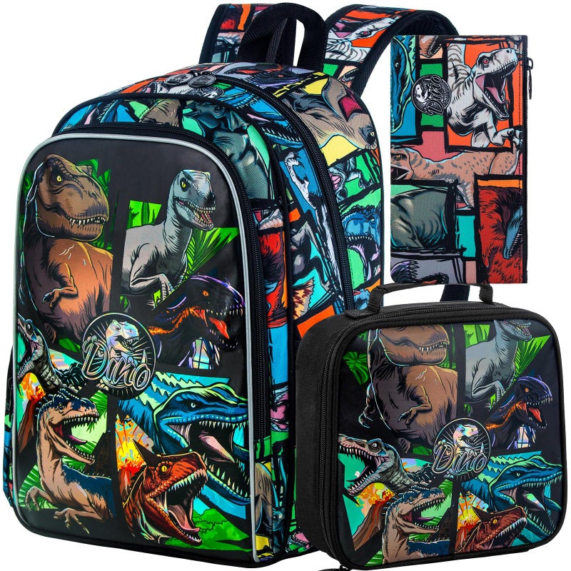 CCJPX 3PCS Dinosaur Backpack for Boys, 16 Inch Water Resistant Preschool Bookbags, Cool Kindergarten School Backpacks and Lunch Box - Image 1