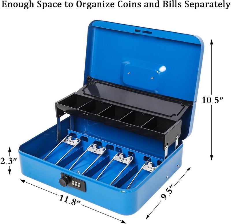 Jssmst Locking Metal Cash Box with Coin Lid, 11.8L x 9.5W x 3.5H Inches, Safe Money Box with Combination Lock, Blue, SM-CB0514BL - Image 2