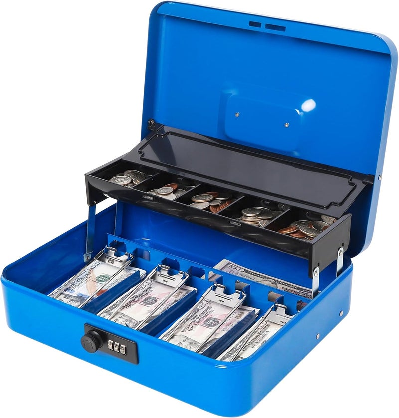 Jssmst Locking Metal Cash Box with Coin Lid, 11.8L x 9.5W x 3.5H Inches, Safe Money Box with Combination Lock, Blue, SM-CB0514BL - Image 1