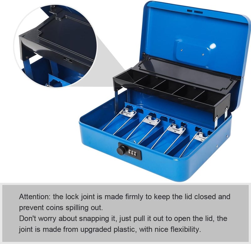 Jssmst Locking Metal Cash Box with Coin Lid, 11.8L x 9.5W x 3.5H Inches, Safe Money Box with Combination Lock, Blue, SM-CB0514BL - Image 5