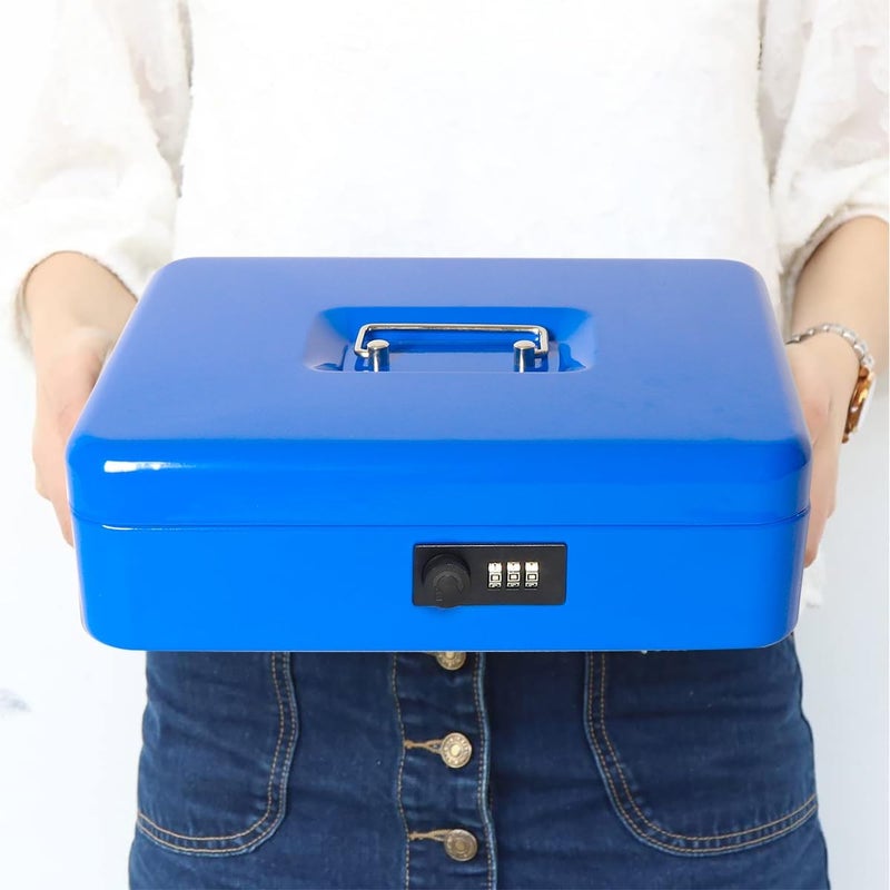 Jssmst Locking Metal Cash Box with Coin Lid, 11.8L x 9.5W x 3.5H Inches, Safe Money Box with Combination Lock, Blue, SM-CB0514BL - Image 4