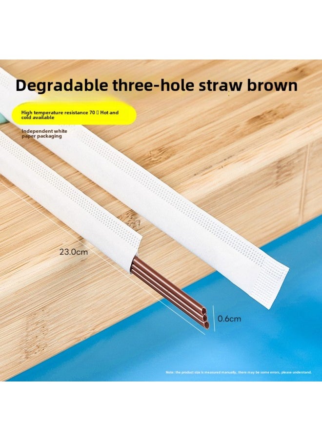 Generic Degradable PLA Three-hole Coffee Straw Disposable Independent Packaging Hot Drink Three-quality Tube Stirring Rod Three-quality Straw-Color:23cm Three-hole Biodegradable-brown-Specification:5000 Pieces  - Image 1