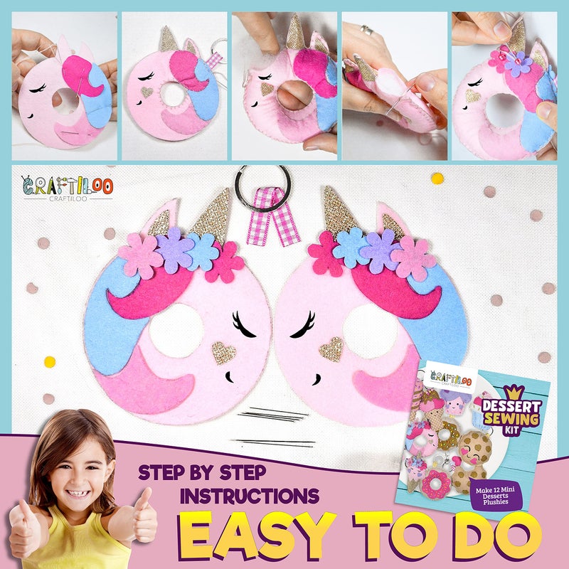 CRAFTILOO 12 Pre-Cut Mini Treats Dessert Fun Kids Sewing Kit for Kids Ages 8-12 Children Beginners Sewing kit kid crafts Make Your Own Felt Pillow Plush Craft Kit Girls and Boys Art Craft Kits Learn to Sew Kit - Image 3