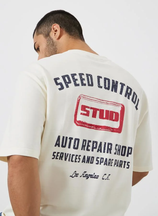 Styli Men Beige Graphic Print Oversized T-Shirt