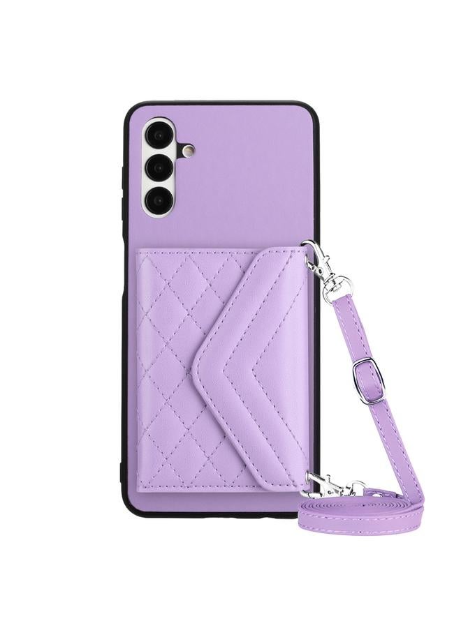 اس-توب جراب لهاتف Samsung Galaxy A13 5G / A04s مع حقيبة بطاقات ذات نسيج معيني وحافظة هاتف RFID مع حبل طويل - Image 1