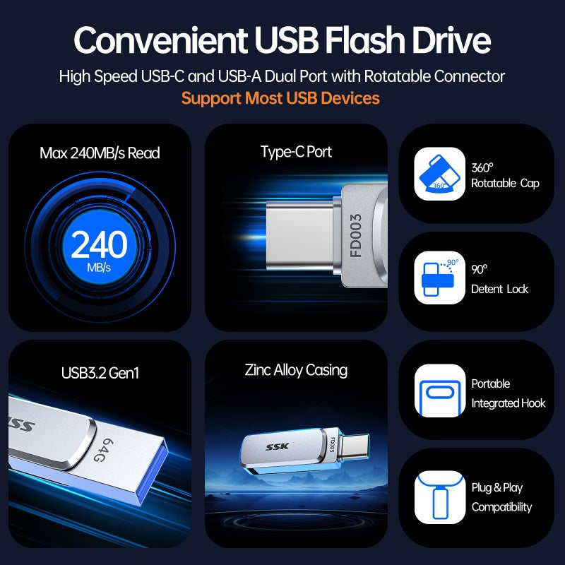 SSK 64GB Dual USB Flash Drive USB C Thumb Drive, up to 240 MB/s Type-C and USB-A 3.2 FlashDrive Memory Stick, Zinc Pendrive for iPhone 15/16Pro/Win/Android OTG with Water, Dust, and Drop Resistance - Image 2
