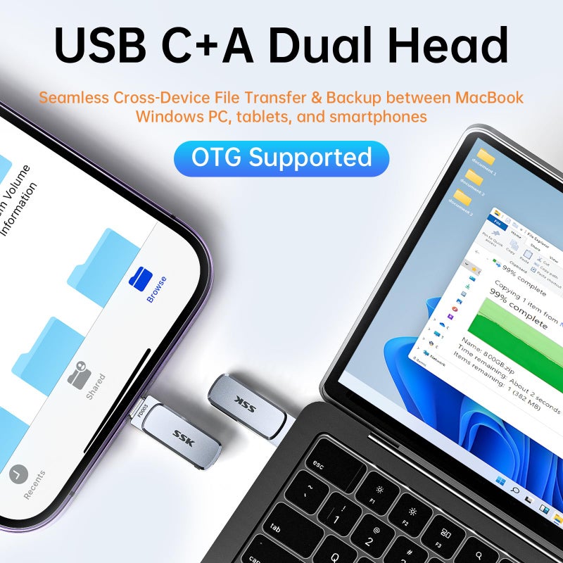 SSK 64GB Dual USB Flash Drive USB C Thumb Drive, up to 240 MB/s Type-C and USB-A 3.2 FlashDrive Memory Stick, Zinc Pendrive for iPhone 15/16Pro/Win/Android OTG with Water, Dust, and Drop Resistance - Image 4