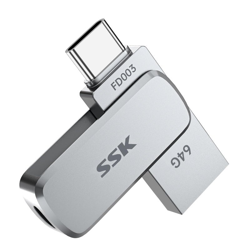 SSK 64GB Dual USB Flash Drive USB C Thumb Drive, up to 240 MB/s Type-C and USB-A 3.2 FlashDrive Memory Stick, Zinc Pendrive for iPhone 15/16Pro/Win/Android OTG with Water, Dust, and Drop Resistance - Image 1