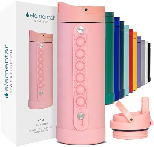 Elemental Iconic Kids Water Bottle with Straw Lid  Stress Relief Pop It Handle LeakProof When Closed Triple Insulated Kids Stainless Steel Water Bottle For Girls and Boys 14oz  Rose