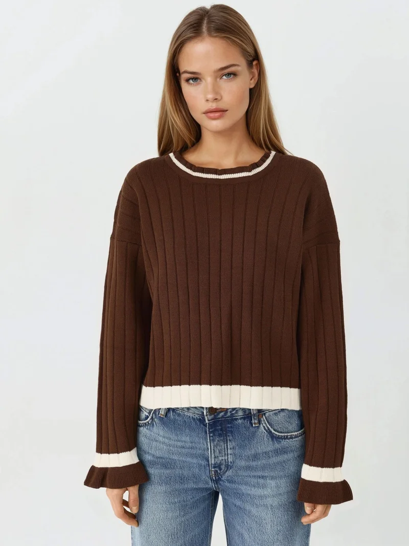 My Fashion Coffee Brown MY FASHION Striped Knit Sweater with Crew Neck for Women | Best Price UAE