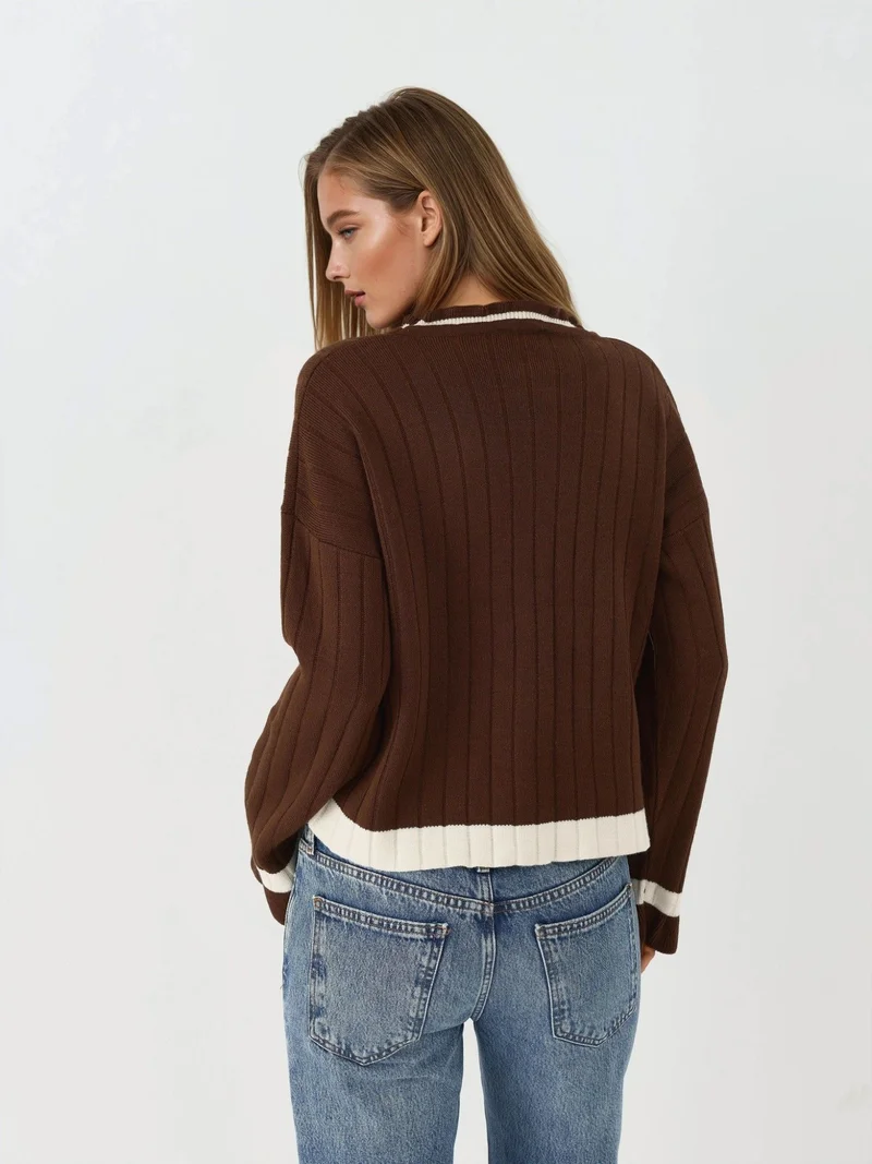 My Fashion Coffee Brown MY FASHION Striped Knit Sweater with Crew Neck for Women | Best Price UAE