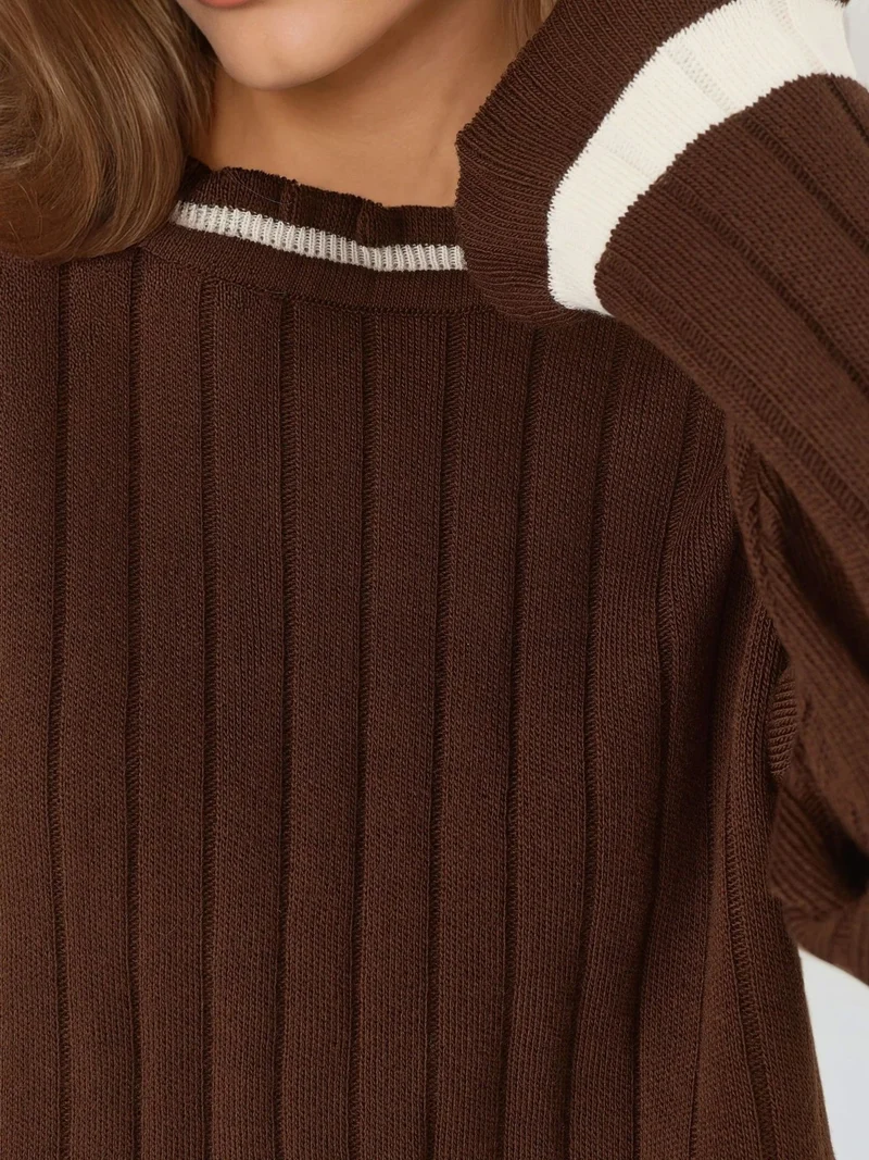 My Fashion Coffee Brown MY FASHION Striped Knit Sweater with Crew Neck for Women | Best Price UAE