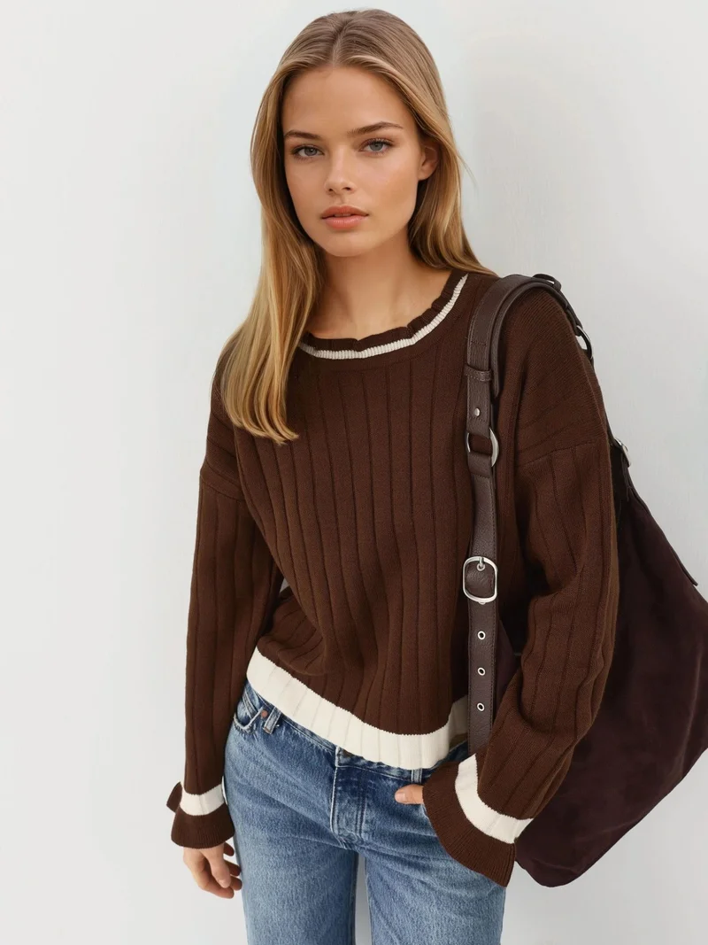 My Fashion Coffee Brown MY FASHION Striped Knit Sweater with Crew Neck for Women | Best Price UAE