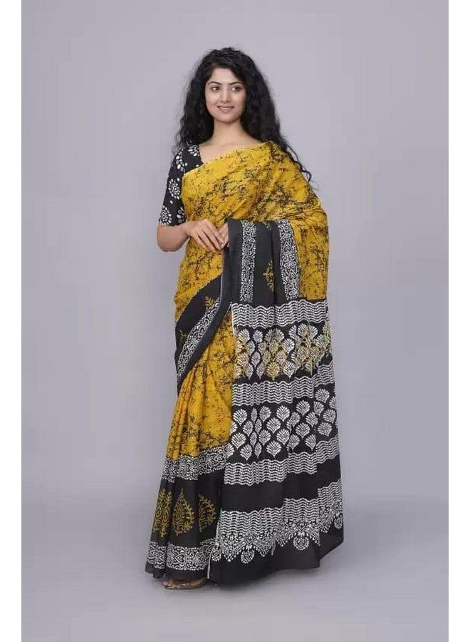Kiaaron Handicrafts Women's Ikat Hand Block Print Jaipuri Cotton Mulmul Saree with Blouse Piece -Yellow_0080 - Image 2