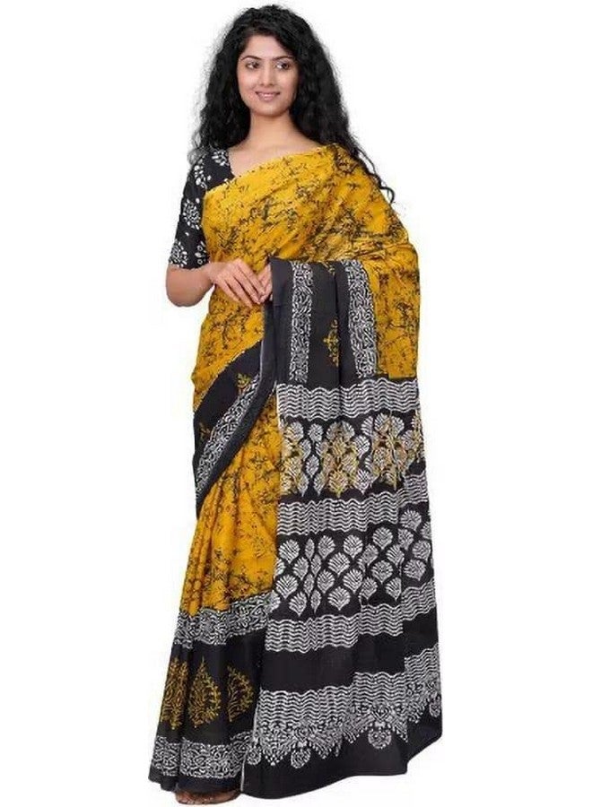 Kiaaron Handicrafts Women's Ikat Hand Block Print Jaipuri Cotton Mulmul Saree with Blouse Piece -Yellow_0080 - Image 1