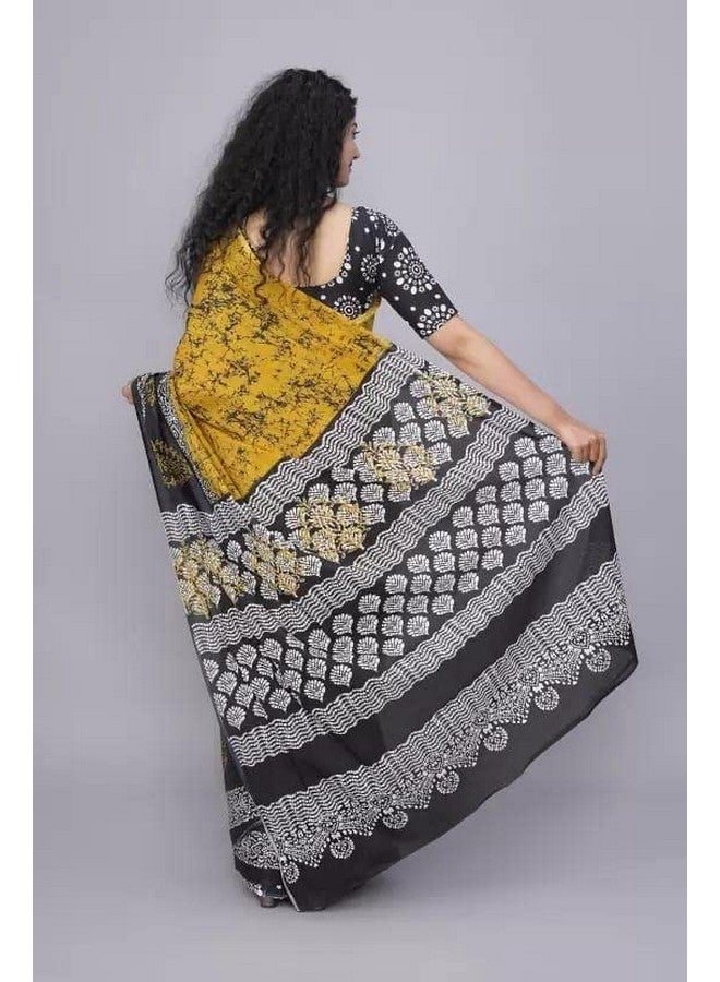 Kiaaron Handicrafts Women's Ikat Hand Block Print Jaipuri Cotton Mulmul Saree with Blouse Piece -Yellow_0080 - Image 3