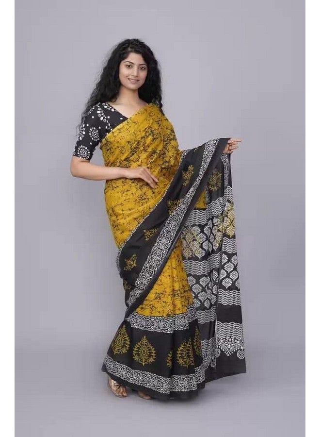 Kiaaron Handicrafts Women's Ikat Hand Block Print Jaipuri Cotton Mulmul Saree with Blouse Piece -Yellow_0080 - Image 5